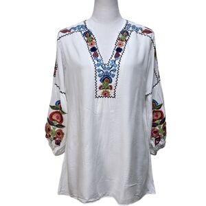Vintage Collection White Embroidered Tunic Boho Floral, Size S